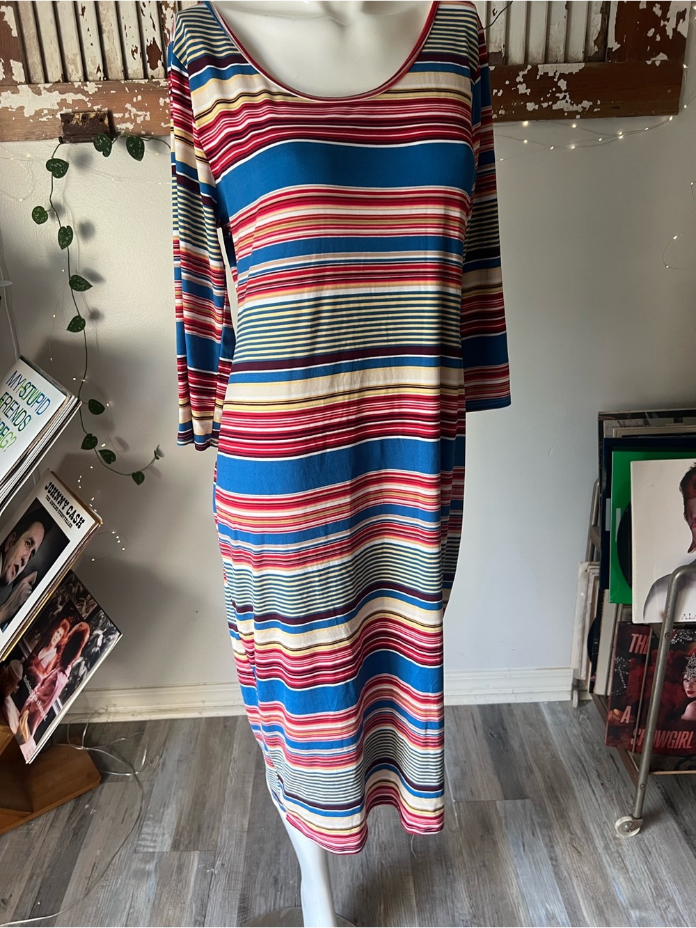Minette Multicolor Striped Midi Dress 3/4 Sleeve Retro Boho